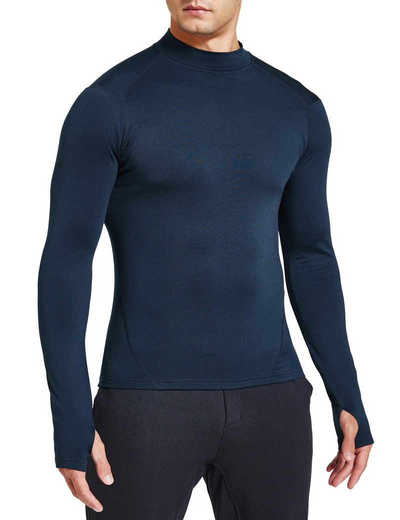 FitsT4 Sports Men's Thermal Shirt Fleece Lined Mock Neck Base Layer Tops Long Sleeve Running Athletic Shirt with Thumbholes Navy L
