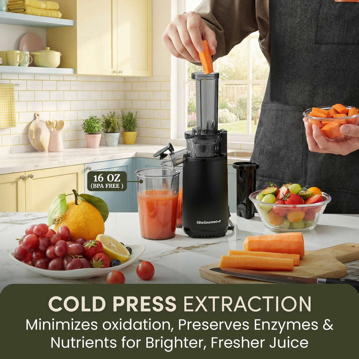 Elite Gourmet EJX600 BPA-Free Cold Press Juicer, 16 oz, Charcoal Grey
