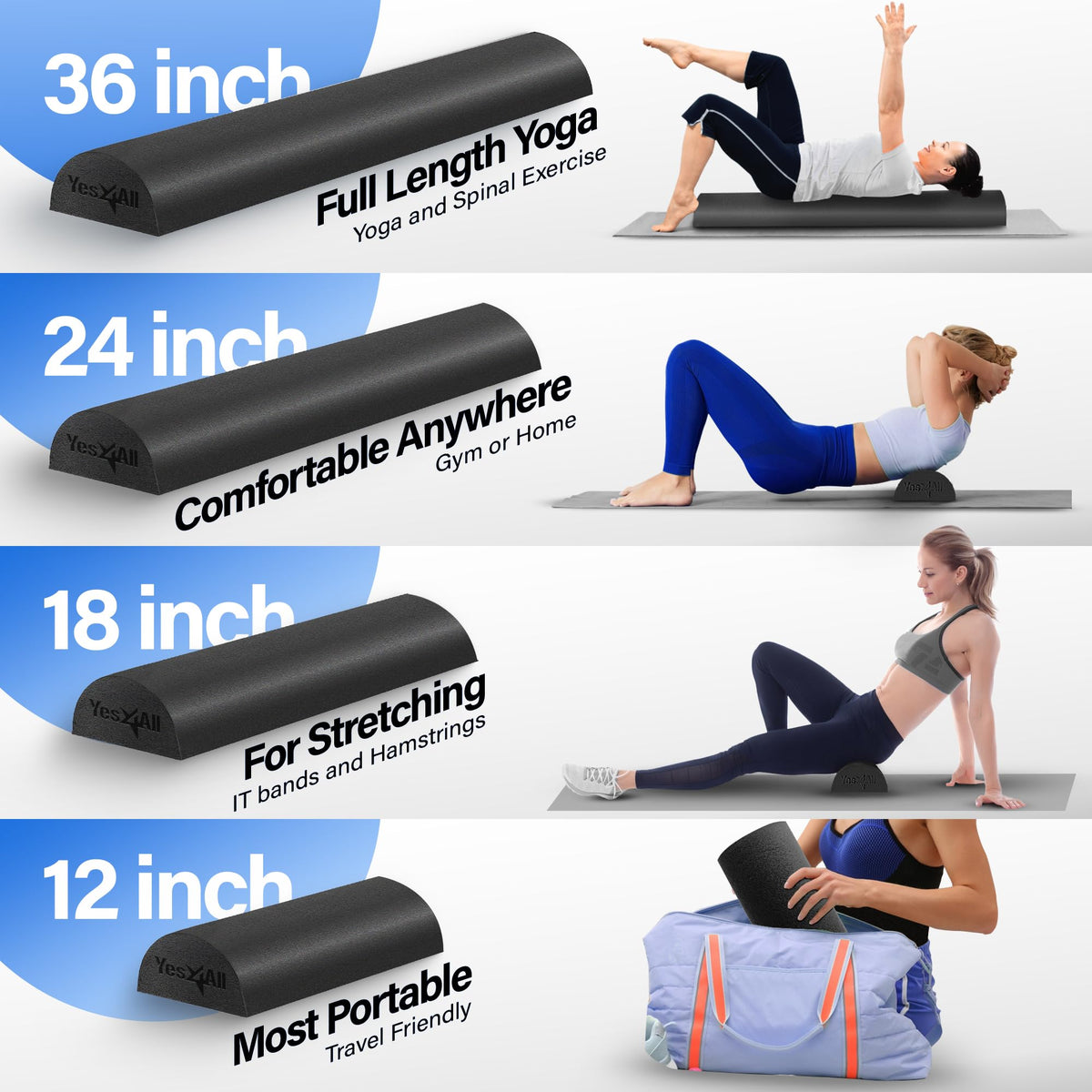 Yes4All Half Foam Roller, PE Material, Medium Firm, Back Roller for Stretching, Mobility, Yoga & Pilates, Black, 12 Inch