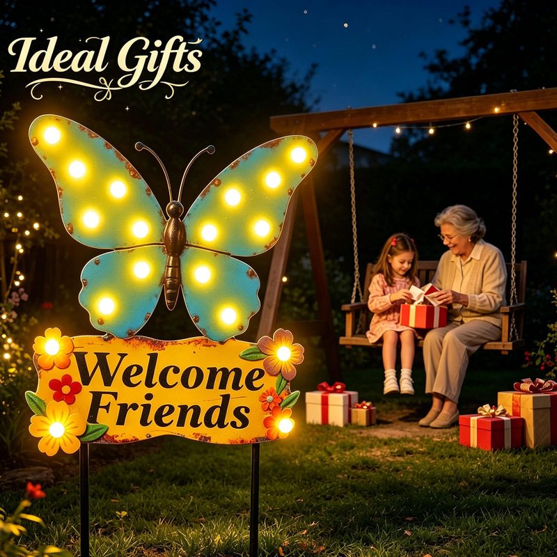 Decorative Garden Stakes Large 45" with 18 Bulbs Solar String Lights Outdoor Waterproof, Butterfly Solar Lights for Outside with Welcome Friends Garden Sign for Yard, Patio, Pathway