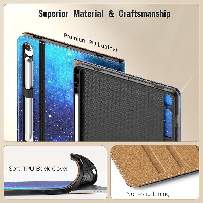 MoKo Case for Samsug Galaxy Tab S10 Lite/ S10 FE/ S9 FE/ S9 10.9/11 Inch | Built-in S Pen Holder Case for Samsung Tablet (2025/2023) PU Leather Hand Strap &amp Front Pocket Blue &amp Brown