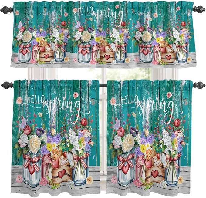 Kitchen Curtains Tiers and Valance Set of 3, Spring Flowers Light Filtering