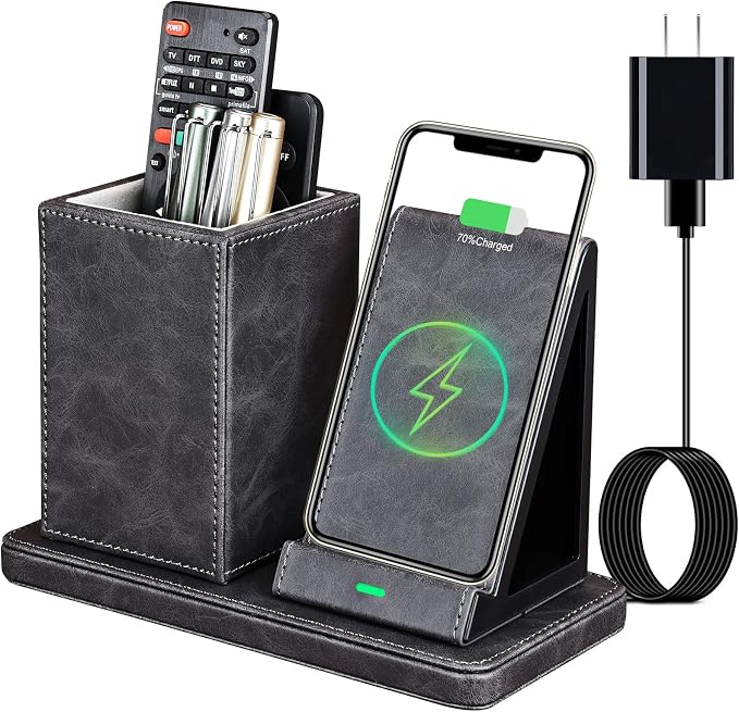 Wireless Charger with Desk Organizer Wireless Charging Station for iPhone 13/13 Pro Max/13 Pro/12 Series/11/XS Max/XR/X/8Plus/SE 2 Wireless Charging Stand with Leather… (Black)