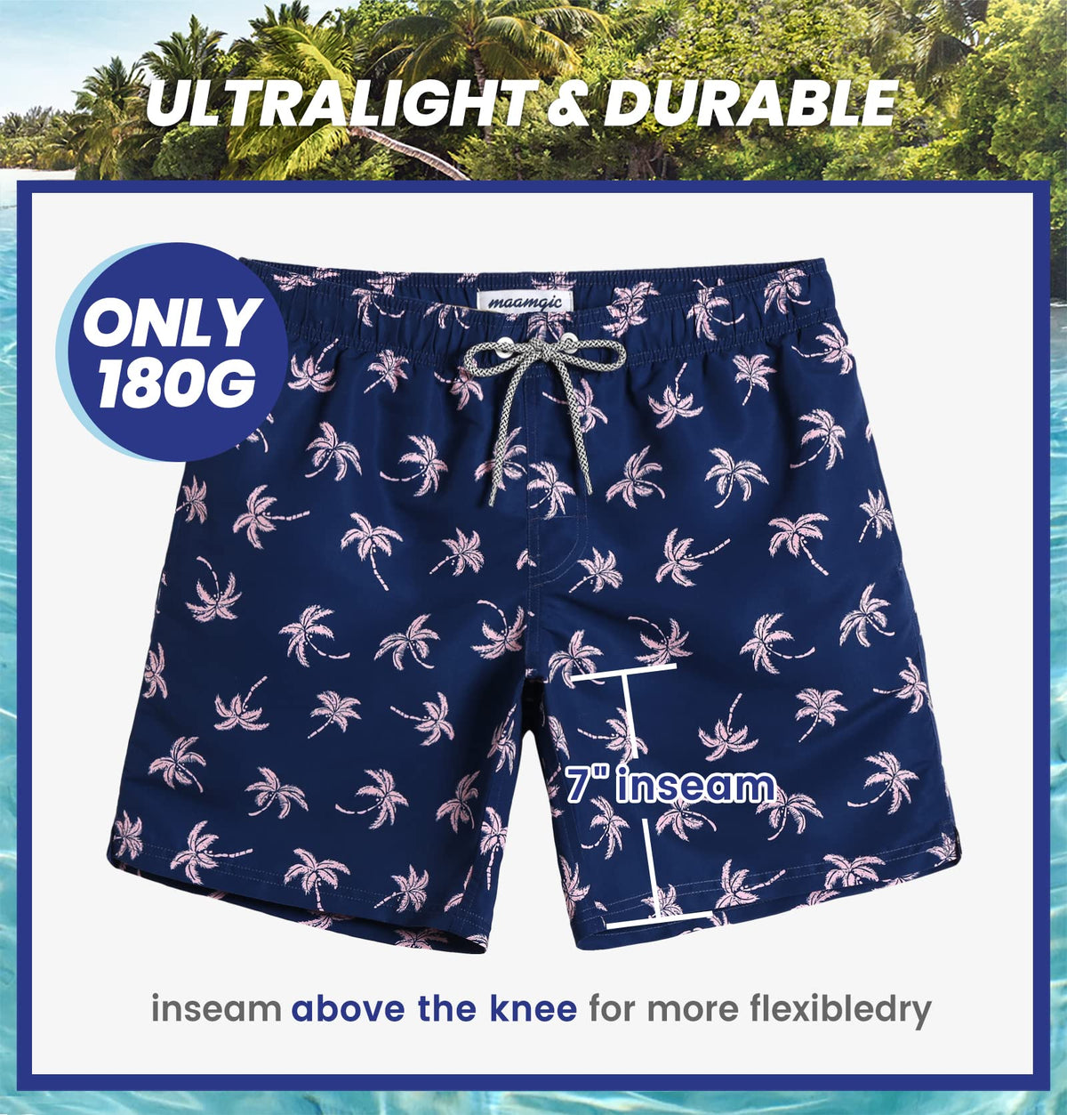 maamgic Mens Swim Trunks Quick Dry Swim Shorts with Mesh Lining Funny Swimwear Bathing Suits 7inch Navy Palm XX-Large
