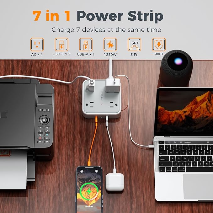 TESSAN Surge Protector Power Strip with 3 USB (2 USB C) 4 Outlets, Flat Plug Extension Cord 5 Ft, 900J Surge Protection, Multiple Charging Station with Power Switch for Home, Office, Dorm Room, Gray