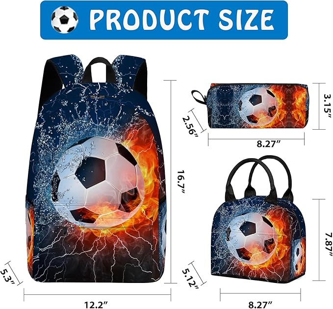 3PCS Backpack for Boys Girls, Kids Soccer Back to School Backpack Sets with Lunch Bag Pencil Case, 17 Inch Lightweight Bookpack 3 in 1 Set for Teens Elementary Middle High School Students