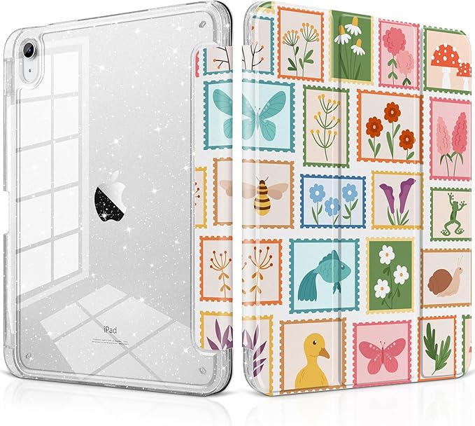 MEEgoodo Case for iPad A16 11th Generation 2025/10th Generation 2022 Glitter Tablet Cases with Transparent Acrylic Back+Trifold Stand +Pencil Holder+Auto Wake/SleepAbstract Sun &amp Palm Tree