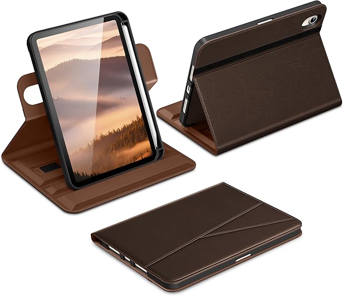 DTTO for iPad mini 7 A17 Pro 2024 aslo fit iPad mini 6 2021 Dark Brown | 360 Degree Rotating Premium Faux Leather Folio Stand Cover with Pencil Holder Auto Sleep/Wake Multiple Angles Hand Strap