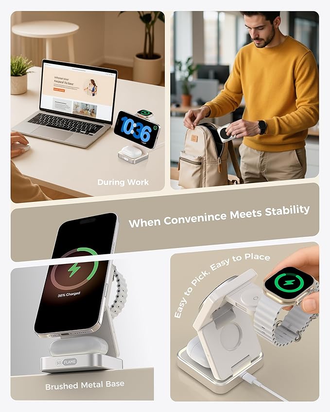 SoFlame 3 in 1 Magnetic Wireless Charging Station for Mag-safe Charger, Foldable Travel Charger with Night Light, 15W Fast Charging Stand with 25W Adapter, for iPhone17-12, Apple Watch, AirPods -Beige