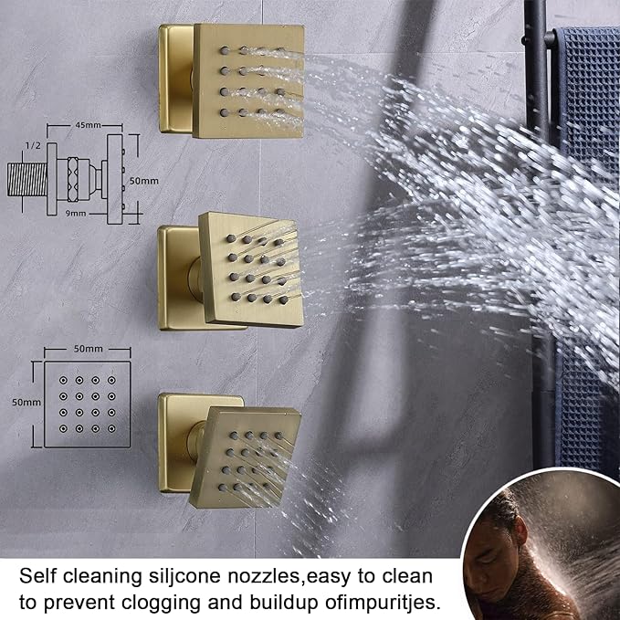 KATAIS Shower Faucet Set Brushed Gold Shower System, Temperature Display Shower Faucet with 12 inch Ceiling Mount and 8 inch Wall Mount Shower Head, with 6 PCS Body Jet and Handheld Spray