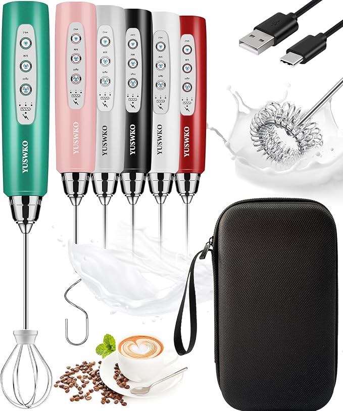 YUSWKO Handheld Milk Frother Wand for Coffee, Rechargeable Electric Whisk with 3 Heads 3 Speeds Drink Mixer Coffee Frother For Latte, Cappuccino, Hot Chocolate, Egg, Green with Bag