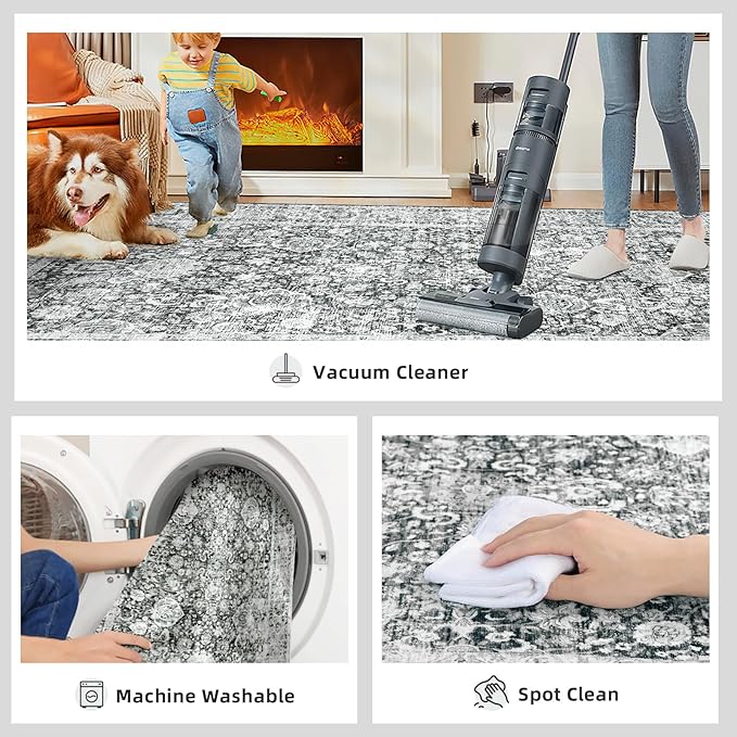 Area Rugs 5x7 - Grey Area Rug for Living Room, Bedroom & Dining Room - Soft Faux Wool, Low-Pile Distressed Carpet Print Floor Covering