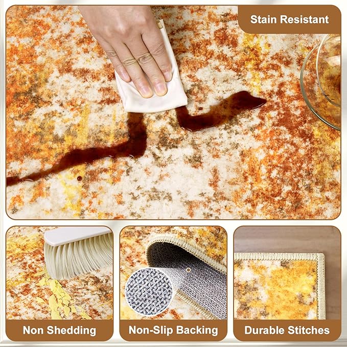 Washable Area Rugs for Living Room - 10x14 Abstract Modern Rug Neutral Soft Rug Stain Resistant Non-Shedding No Slip Low Pile Large Carpet for Bedroom Dining Room Nursery Home Office - Orange/Gold