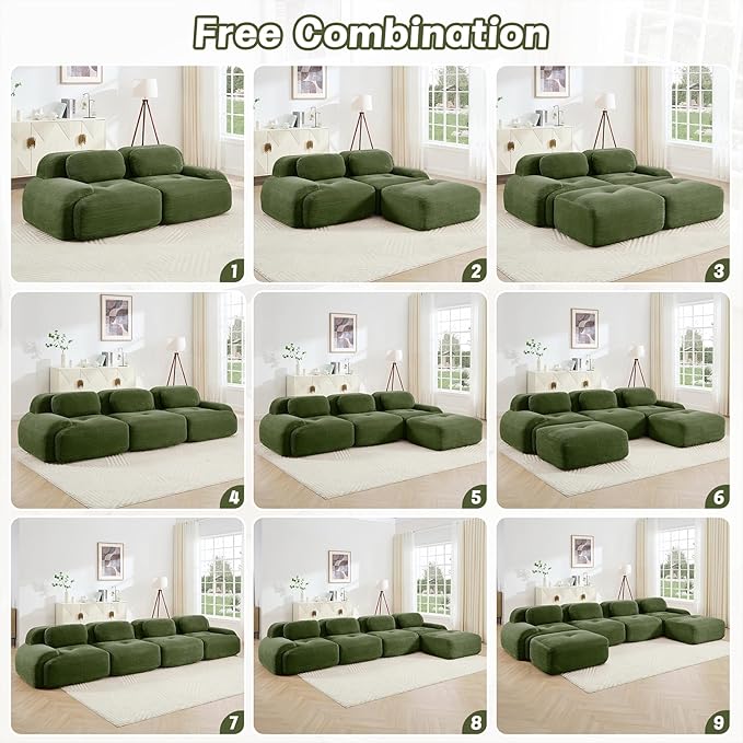 80" Modern Compressed Boneless Love Seat Couches with 2 Ottomans, 2 Seater Large Sectional Couches for Living Room, Green Corduroy Cloud Modular Sectional Sofa, Memory Foam, Deep Loveseat, No Assembly