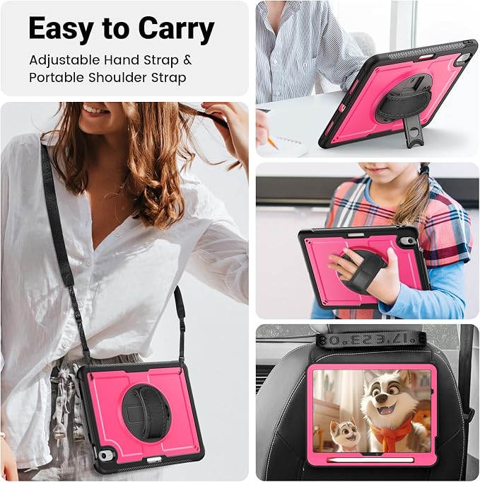SCSVPN Kids Case for iPad Air 11 Inch M4 2026 / M3 2025 / M2 2024 Heavy Duty Shockproof Silicone Protective Case with Pencil Holder-Screen Protector-Rotating Stand-Handle-Shoulder Strap (Blue+Red)