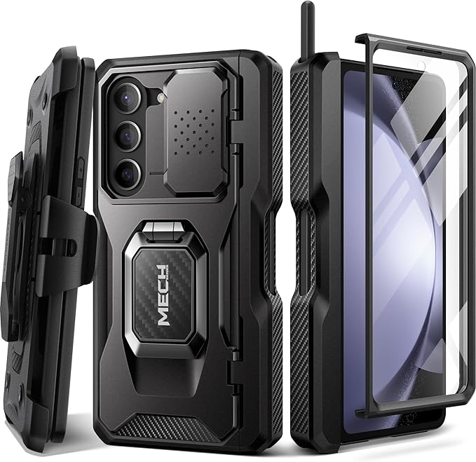 TONGATE for Z Fold 5 Case with Ring Stand, Built-in S Pen Holder & Glass Screen Protector Shockproof Rugged Z5 Phone Case with Slide Camera Cover & Belt Clip for Samsung Galaxy Z Fold 5 2023, Black