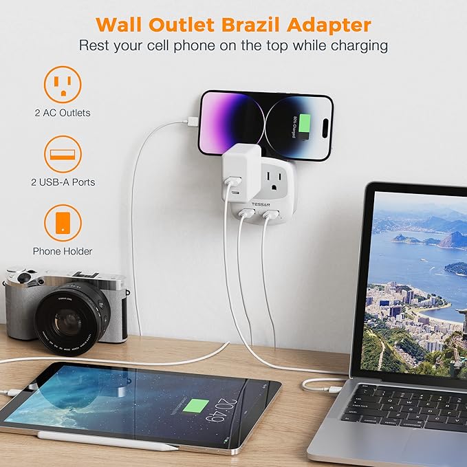 TESSAN Brazil Power Adapter, US to Brazil Plug Adaptor with 2 American Outlets and 2 USB Charging Ports, Type N Travel Adapter for USA to Brazilian Brasil