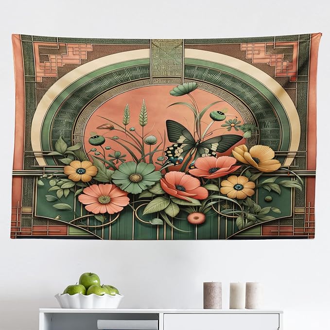 Ambesonne Boho Tapestry, Traditional Japanese Ornaments with Floral Balcony with Butterfly Spring, Fabric Wall Hanging Decor for Bedroom Living Room Dorm, 45" X 30", Dark Salmon Laurel Green