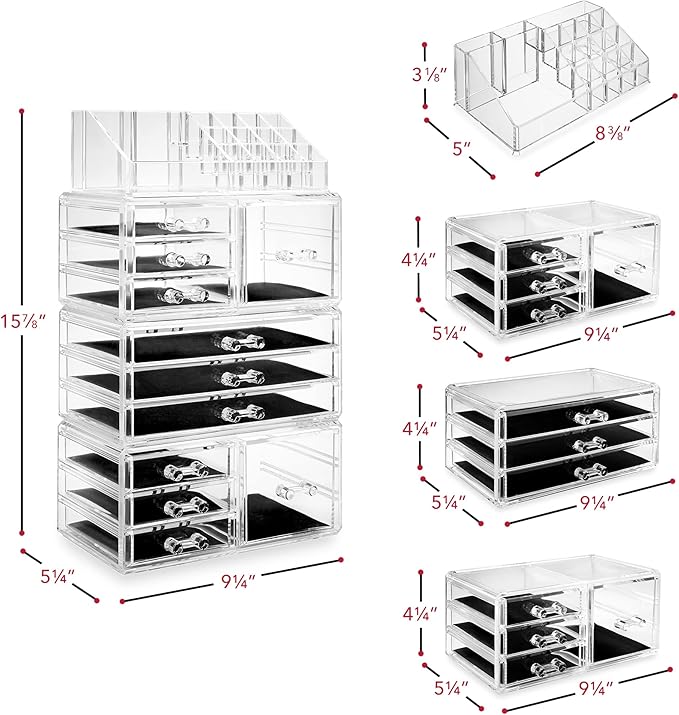Casafield Acrylic Cosmetic Makeup Organizer & Jewelry Storage Display Case - Large 16 Slot, 2 Box & 9 Drawer Set - Clear