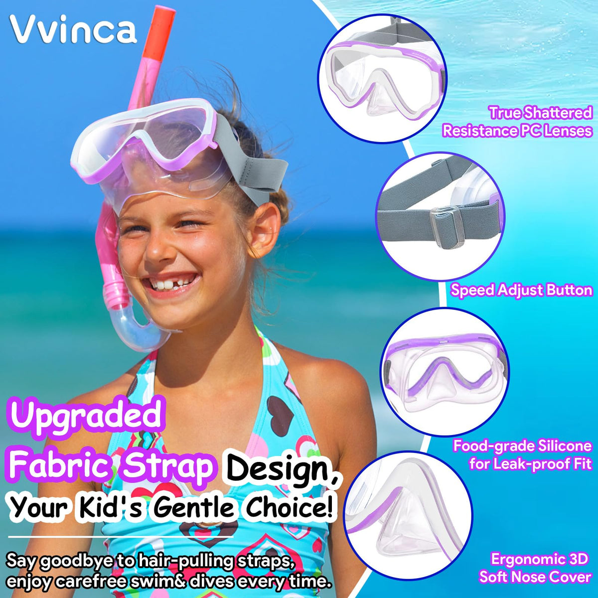 Vvinca Kids-Goggles with Nose Cover, Diving Mask Elastic Fabric Strap Anti Fog Anti Shattered Lens for Kids Swim Goggles 3-14