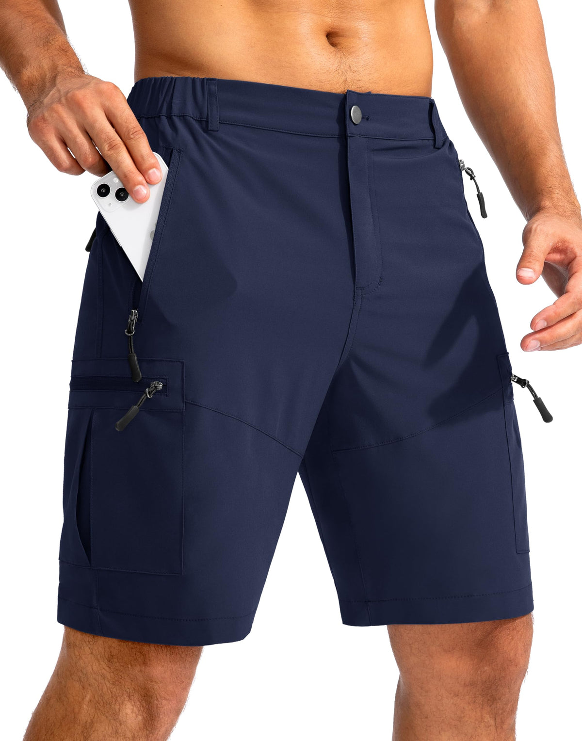 Pudolla Men's Hiking Cargo Shorts 9" Lightweight Outdoor Work Shorts for Men Travel Golf Camping Casual with 5 Zipper Pockets(Navy Large)