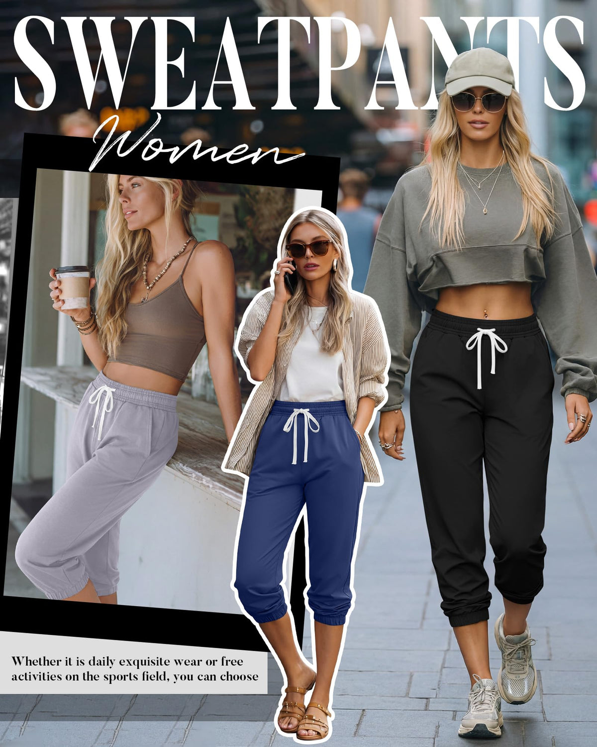 Ficerd 3 Pcs Women's Capri Sweatpants Joggers Casual Sports Cropped Lounge Pants High Waisted Athletic with Pockets (Black, Indigo Blue, Light Gray,XXLarge)