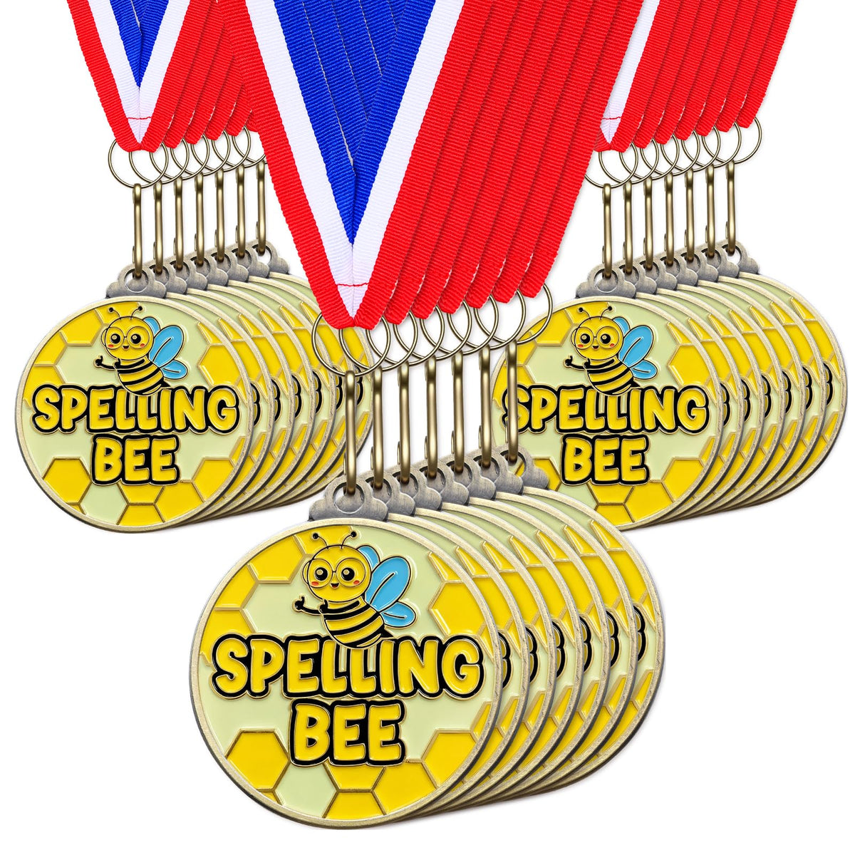 Cunno 20 Pcs Spelling Bee Medals Bulk 2'' Spelling Bee Honeycomb Award Medals with Neck Ribbon Trophy Prizes Winner Gift for School Classroom Students Teaching Competitions Supplies