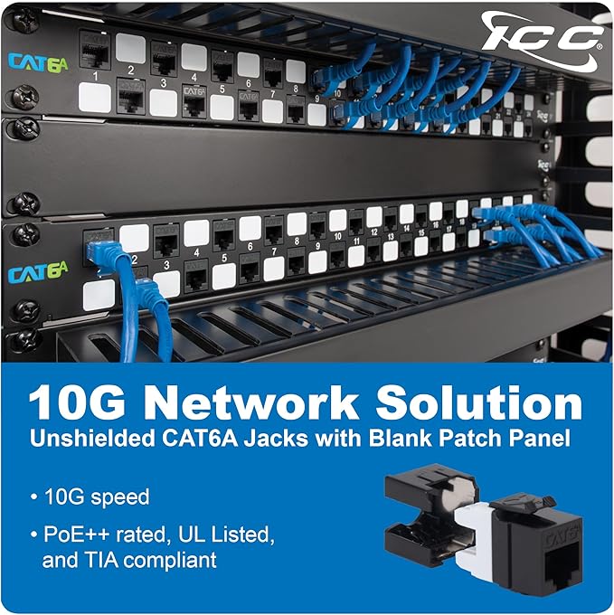ICC 24-Port CAT6A Keystone 1U Patch Panel with CAT6A Keystone Jacks, 19” Rackmount Housing and Cable Support Bar, Staggered Ports to Reduce ANEXT, UL Listed PoE++ Compliant, ICMPP246AU