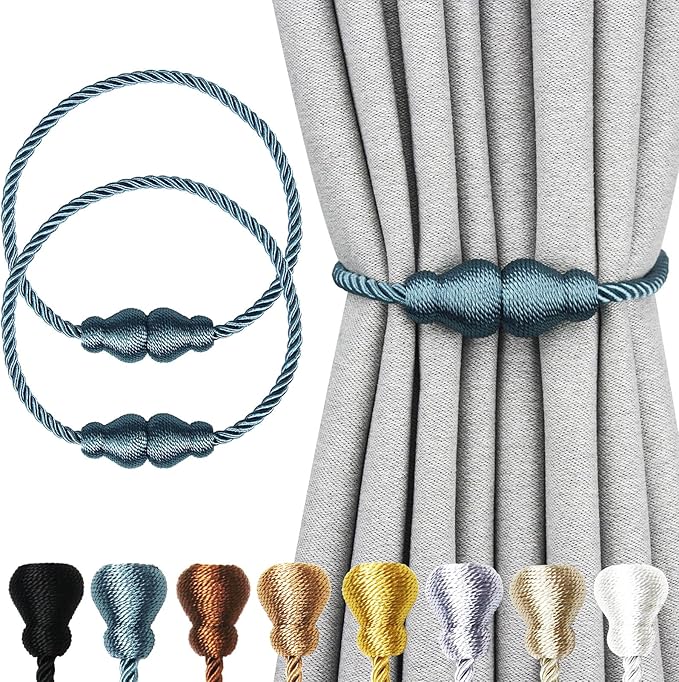 Nieffeiy Magnetic Curtain Tiebacks Outdoor Curtain Tie Backs Rope Decorative Magnetic Curtain Holders for Drapes Window Treatment Holdbacks, Navy Blue 2Pack