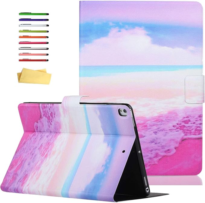 for Apple iPad 9th/8th/7th Generation 10.2 Inch Case 2021/2020/2019Smart PU Leather Folio Stand Magnetic Wallet with Card Pockets [Auto Wake/Sleep] Soft TPU Shockproof Cover Pink Beach Sea