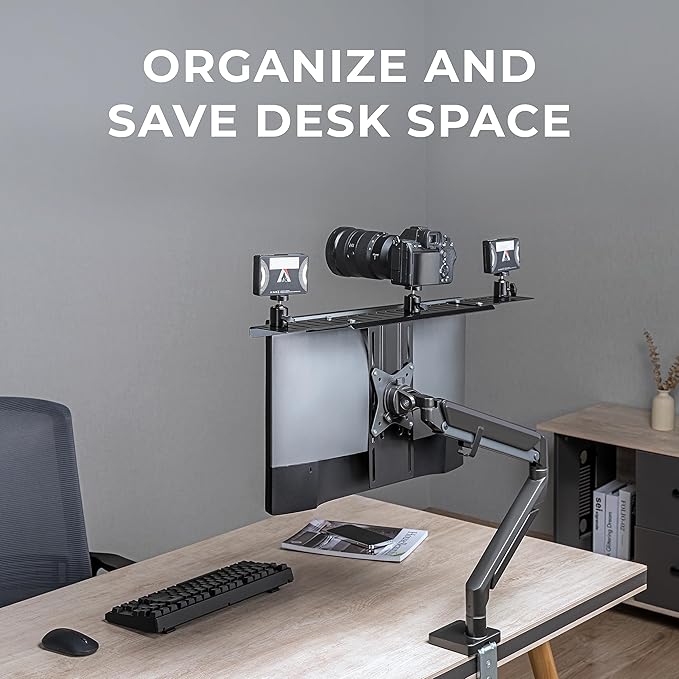 HumanCentric DSLR Monitor Mount Extra Large, Desk Camera Mounting, Light Webcam, Microphone Shelf for Monitor VESA Arm, Replace Clamp Tripods, 100x100mm Patterns, Aluminum, Hardware Included
