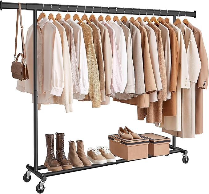 SONGMICS Clothes Rack with Wheels, Heavy-Duty Clothing Rack for Hanging Clothes, Portable, 17.7 x (63-78.7) x 63.6 Inches, with Extendable Hanging Rail, 330 lb Load Capacity, Black UHSR175B01