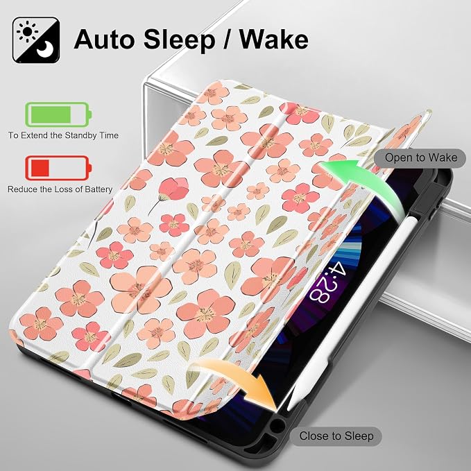 May Chen Case for iPad Pro 11 inch (4th 3rd 2nd &amp 1st Gen) 2022 2021 2020 2018 Trifold Stand + Pencil Holder + Auto Wake/Sleep + Soft TPU Protective Stand Back Cover Abstract Floral
