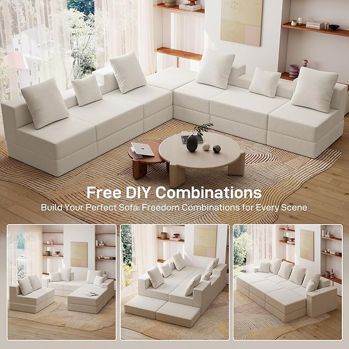 Living&Giving 128" U-Shaped Cloud Sectional Couch for Living Room, Cloud Boneless Couch-No Assembly with Reversible Chaise, Customizable 4-Seat Modular Sectional Sofa with 3 Ottoman, Beige