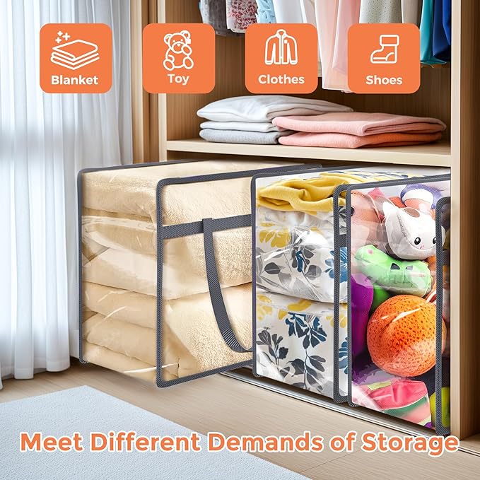 Budding Joy 6 Pack Clear Zippered Storage Bags for Clothes,40L Closet Organizers and Storage Containers Vinyl Moving Bag for Bedding, Linen, Blankets, Comforters, Clothing & Toys, Grey