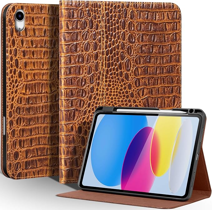 Leather Case for iPad (A16) 11th (11)/ 10th Generation (10.9) Full Grain LeatherProtective Smart Folio Cover with Pencil Holder Auto Sleep/WakeAnti Slip Black Silver