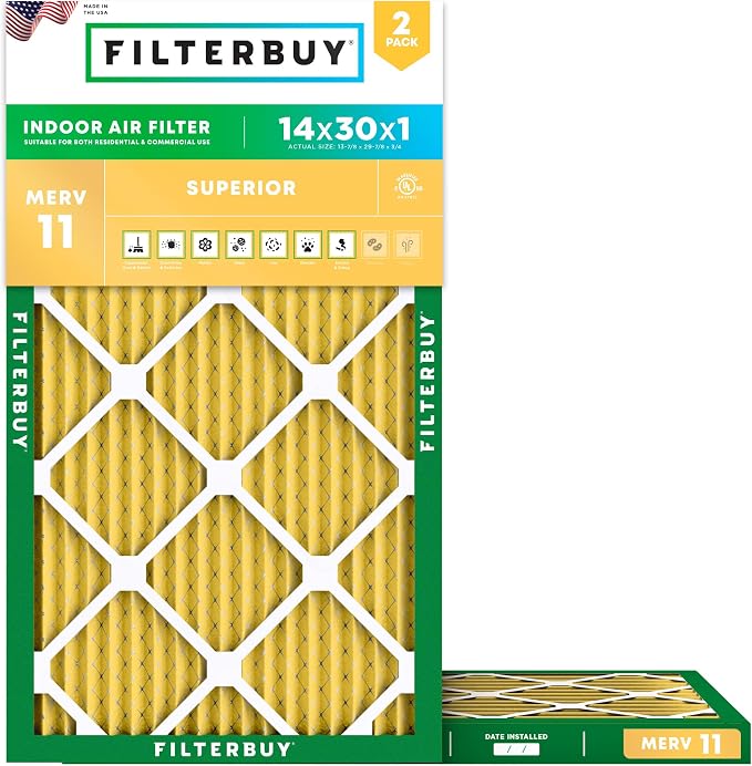 Filterbuy 14x30x1 Air Filter MERV 11 Superior Pet & Allergy Defense,