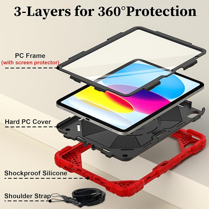 Nitupai Case for iPad 10th Generation 10.9 Inch 2022 / iPad A16 Case 11 Inch 2025 with Screen Protector 10th Gen Cover for Kids Pencil Holder 360° Rotating Stand Shoulder Strap Black Black