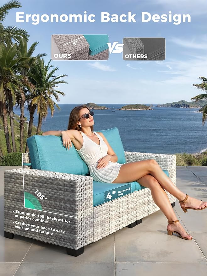 9 Piece Outdoor Wicker Rattan Sectional Sofa Set with Swivel Chairs, 7-Seats Conversation Set with 4" Thickened Cushions & Coffee Table, All-Weather PE Rattan for Garden, Backyard, Porch, Navy