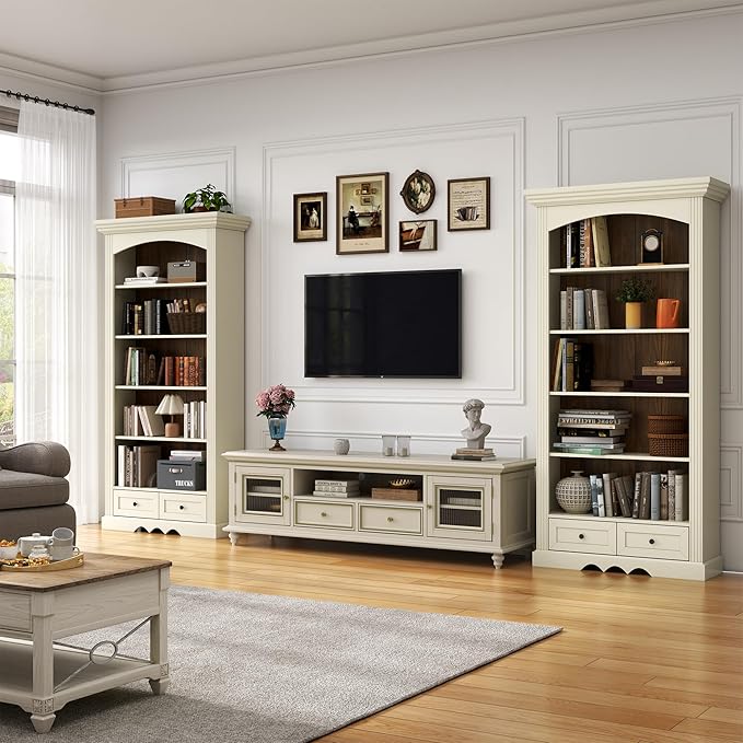 71’’ Tall Arched Bookcase with Stroage, Farmhouse 5-Tier Arch Bookshelf with Drawers, Freestanding Book Shelf with Adjustable Shelf and Roman Column Pattern for Home Office (1, White)