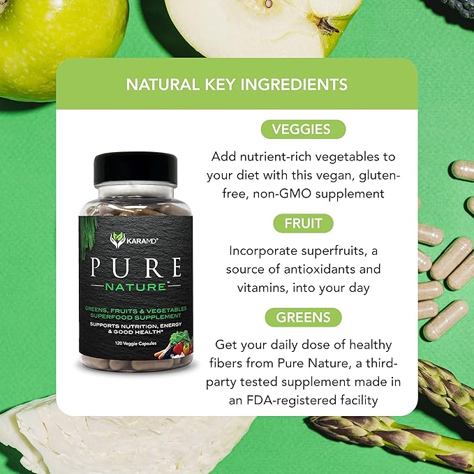 KaraMD Pure Nature | Greens, Fruits & Vegetables Whole Food Supplement | Vitamins, Fiber & Antioxidants | Support Energy & Digestion | Non-GMO, Gluten Free & Vegan Friendly | 4 Pack