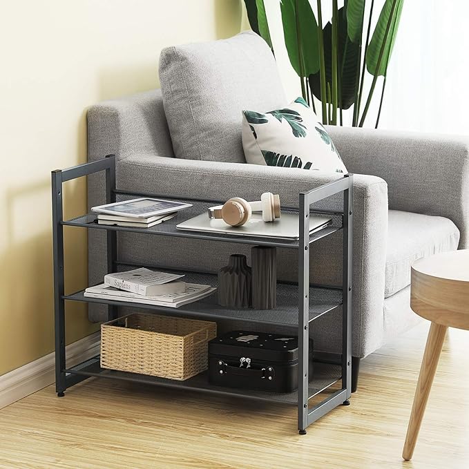SONGMICS Shoe Rack, 3-Tier Shoe Organizer, Metal Shoe Storage for Garage, Stackable Shoe Shelf, with Adjustable Flat or Angled Shelves, 9-12 Pairs, Charcoal Gray ULMR03GB