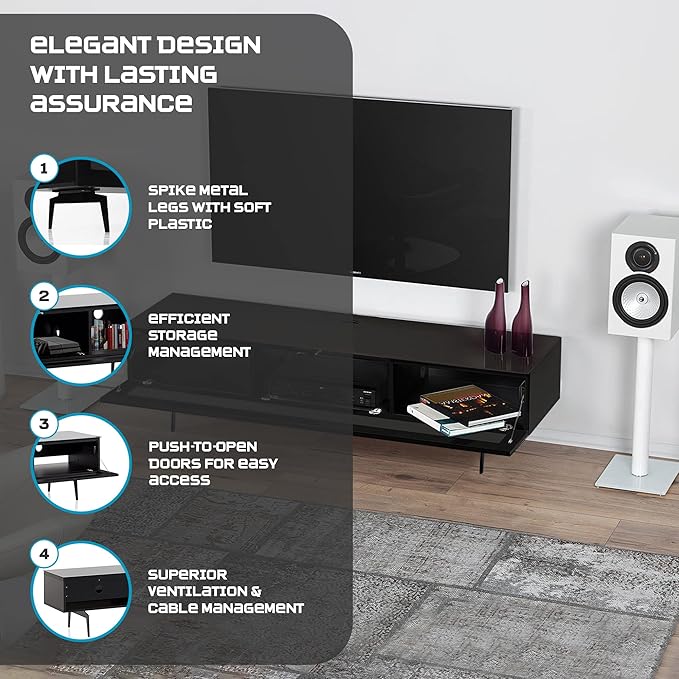 SONOROUS ST-360 Premium TV Stand for Living Room – Modern TV Stands & Entertainment Center with Storage – Black Wood & Black Glass Cover – Luxury Media Console with Metal Legs for TVs up to 75 inches