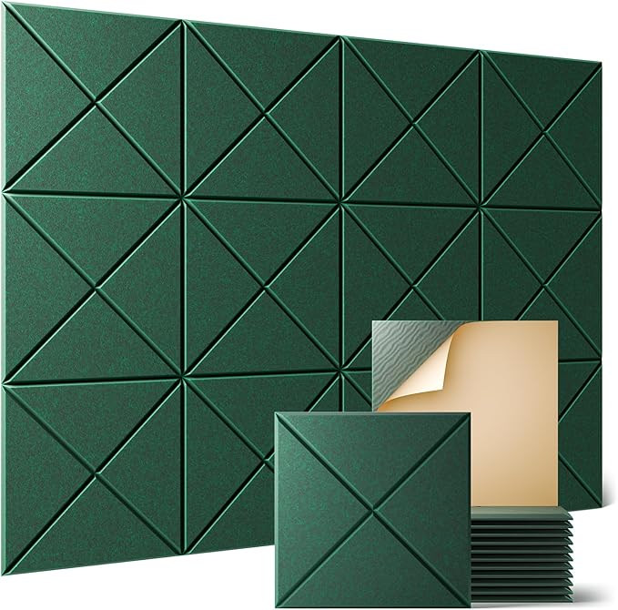 Sonicism 12 Pack X-Lined Acoustic Panels with Self-Adhesive, 12"X 12"X 0.4" Sound Proof Foam Panels, Decorative Soundproof Wall Panels, Sound Absorbing Tile for Home & Offices, Dark Green