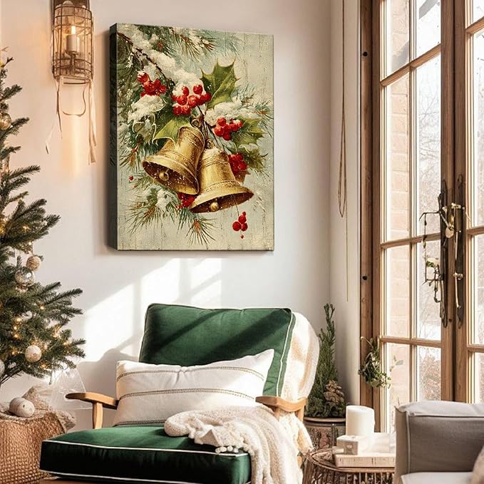 Vintage Golden Bells & Holly Berries Christmas Canvas Wall Art - Rustic Winter Holiday Framed Print for Living Room, Elegant Christmas Wall Decor, Ideal Christmas Gifts & Festive Decorations