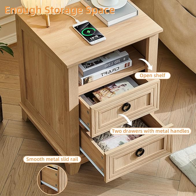 18" Farmhouse Night Stand with Charging Station, 2 Drawers Bedside End Table, Natural Wooden Nightstand, Bed Side Table Cabinet with Open Shelf for Bedroom Living Room Office