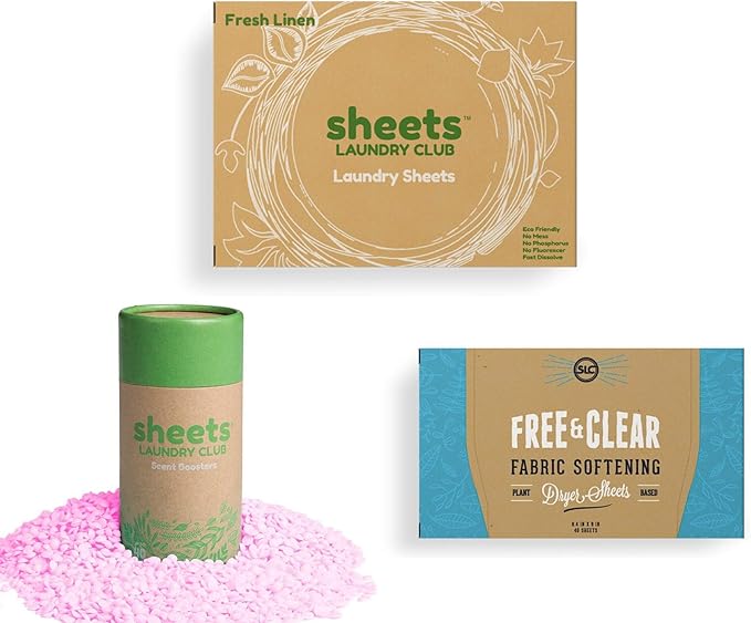 Sheets Laundry Club Bundle - 50 Pack (up to 100 loads) Fresh Linen Detergent Sheets, 40 Pack Vitality Dryer Sheets & 8 Oz. Uncharted Waters Scent Booster - New Liquidless Technology
