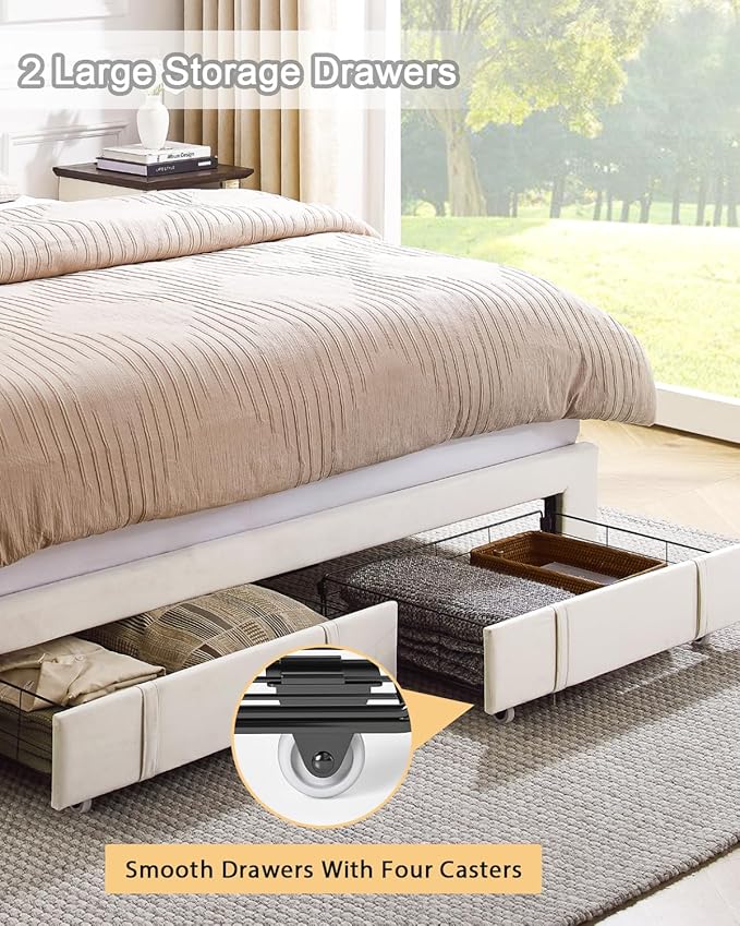 King Size Bed Frame, Velvet Upholstered LED Platform Bed with Headboard Storage, King Bed Frame Built-in Charging Station with 2 Drawers, Wood Slat Support, No Box Spring Needed, Beige