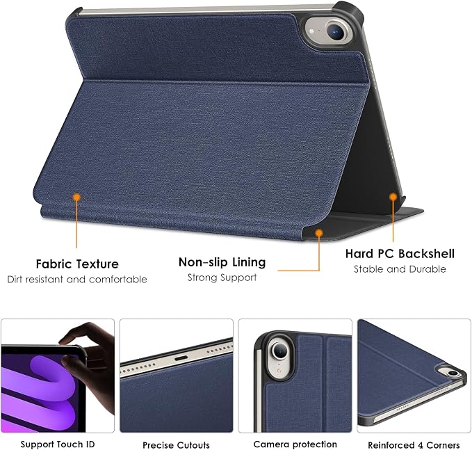 DTTO Case for iPad mini 7 (A17 Pro) 2024 iPad mini 6th Generation 2021 Fabric Texture Hard Back Cover iPad mini 7/6 Case 8.3 Inch with Auto Wake/Sleep Support Apple Pencil Charging Light Blue
