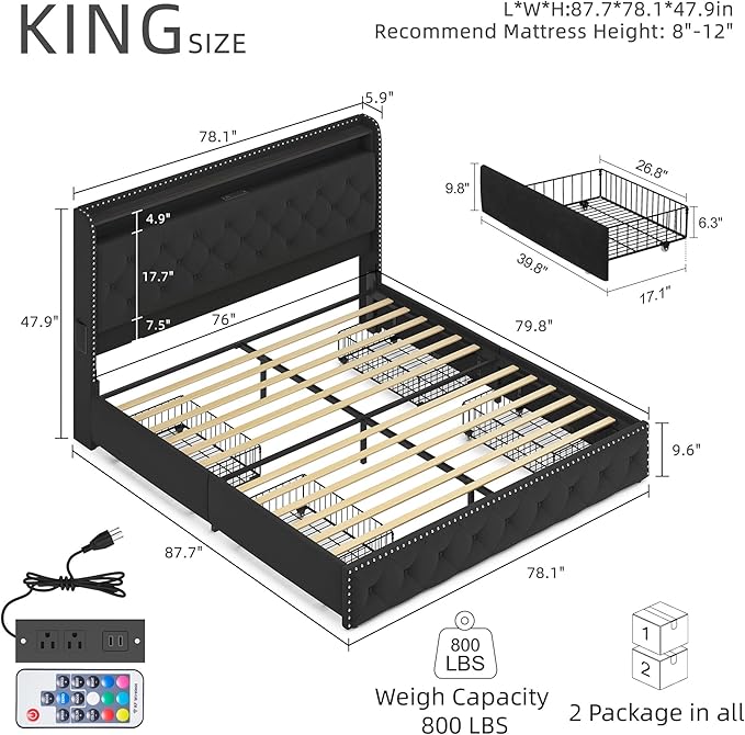BRELTAM King Size Bed Frame with 4 Storage Drawers Upholstered Velvet Bed Frame with LED and Charging Station,Platform Bed Frame with Headboard Heavy Duty Wood Slats,Noise Free,Easy Assembly,Black